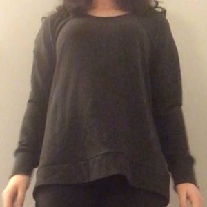 gray sweater with cross back